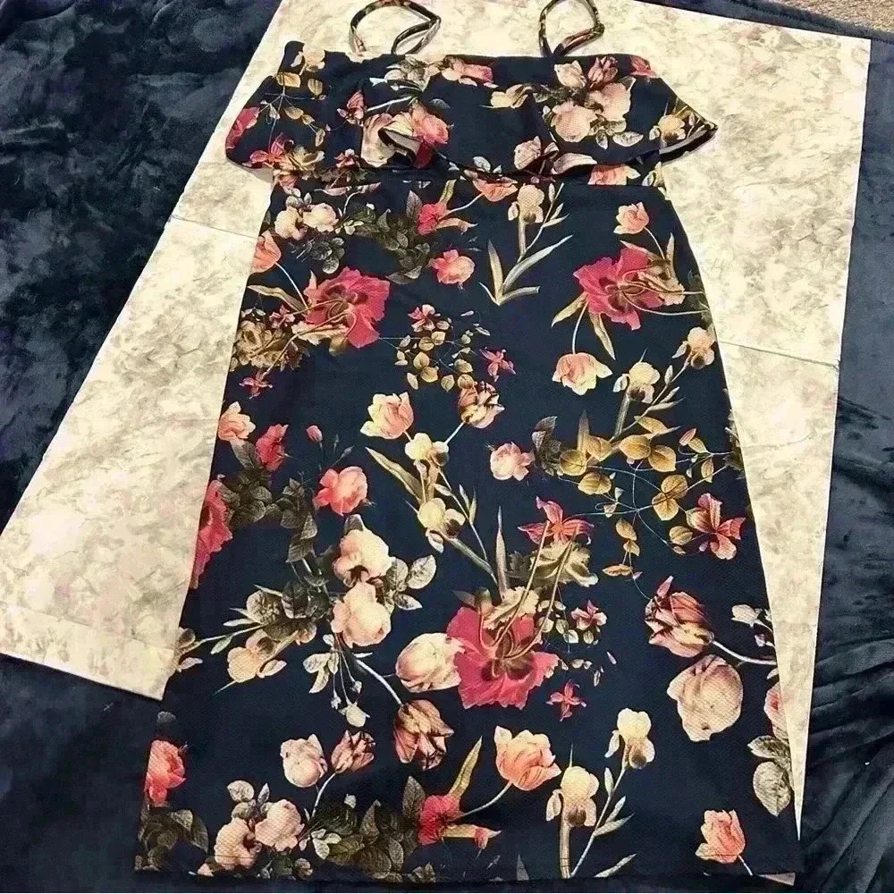ASOS Blue Floral Spaghetti Strap Ruffle Knee Length Dress Size 12